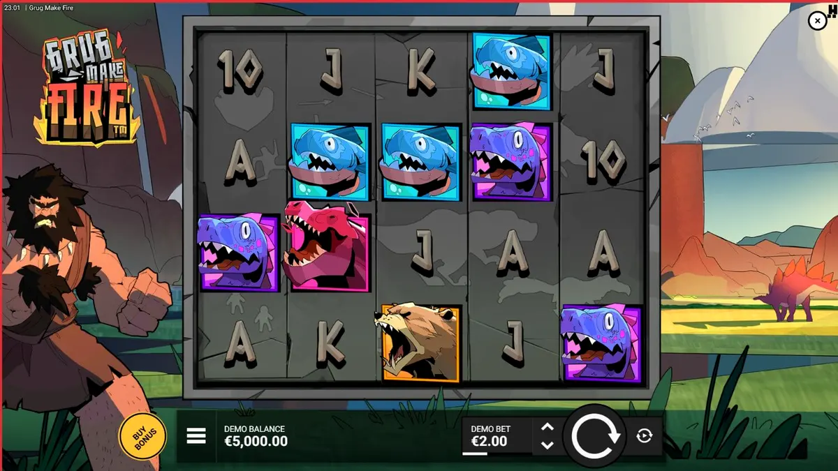 Tampilan visual slot Grug Make Fire dengan elemen api dan tema prasejarah