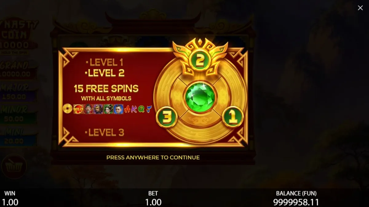 Tampilan visual slot Dynasty Coin 10,000: Hold the Spin dengan latar belakang istana kekaisaran.