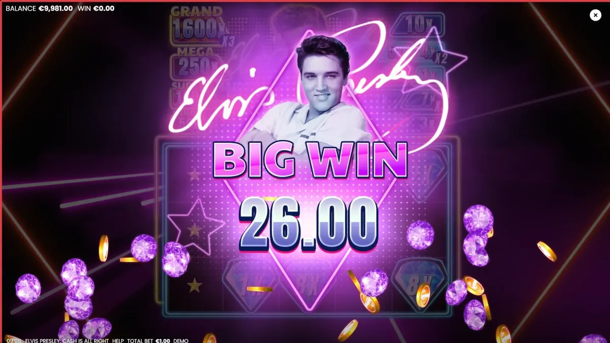 Tampilan visual neon dan retro dari slot Elvis Presley: Cash is All Right