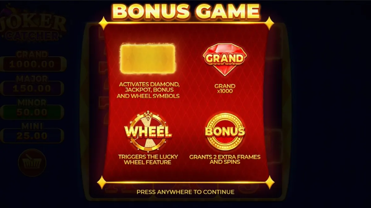 Tampilan antarmuka slot Joker Catcher dengan simbol klasik dan fitur Catch Frames.