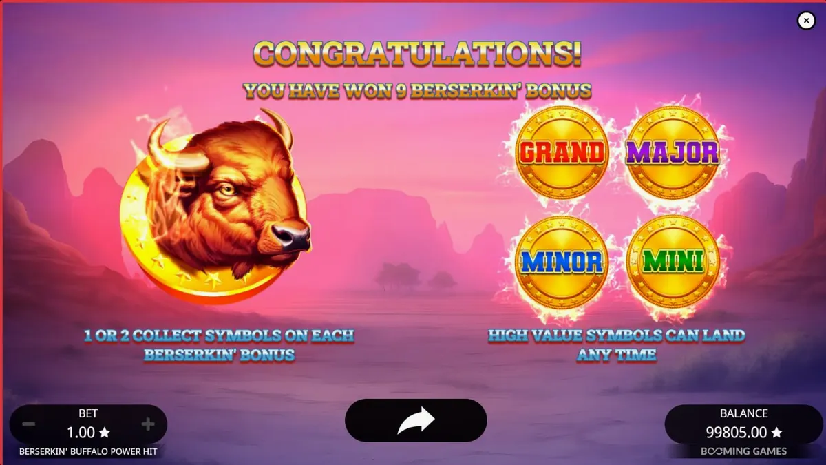 Pemandangan atmosferik slot Beserkin’ Buffalo Power Hit dengan latar belakang padang gurun mistis.