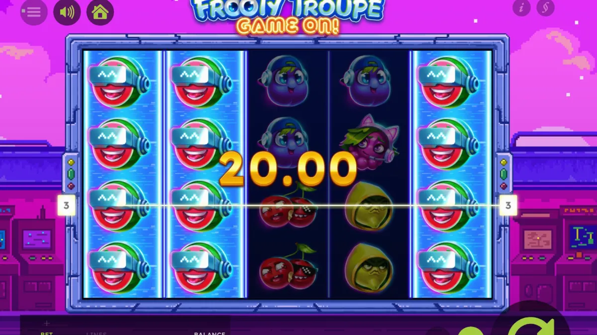 Tampilan visual retro arcade pada slot Frooty Troupe